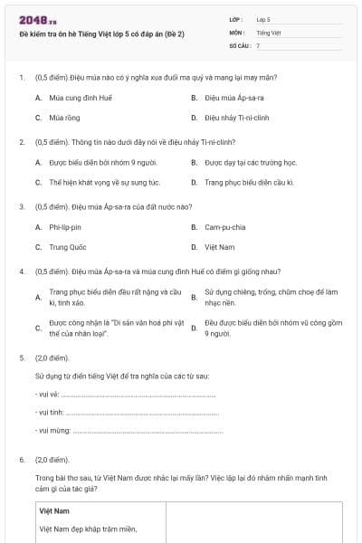 Đề kiểm tra ôn hè Tiếng Việt lớp 5 có đáp án (Đề 2)