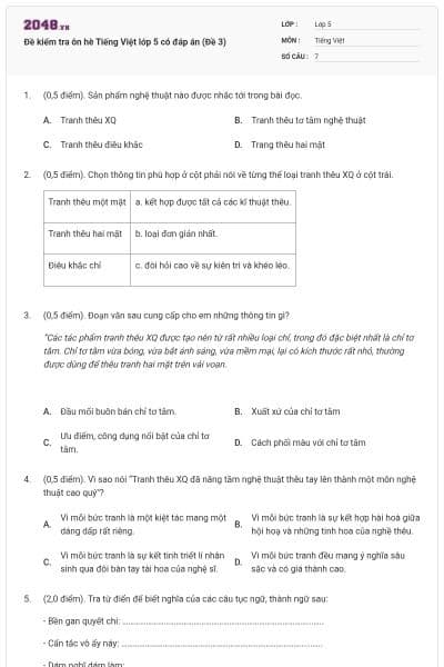 Đề kiểm tra ôn hè Tiếng Việt lớp 5 có đáp án (Đề 3)