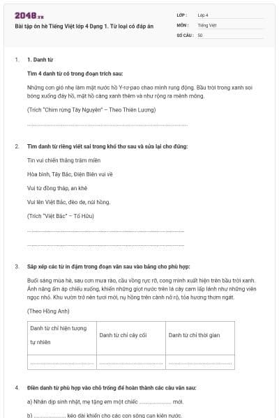 Bài tập ôn hè Tiếng Việt lớp 4 Dạng 1. Từ loại có đáp án