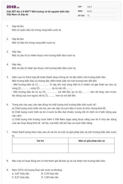 Giải SBT Địa lí 8 KNTT Môi trường và tài nguyên biển đảo Việt Nam có đáp án