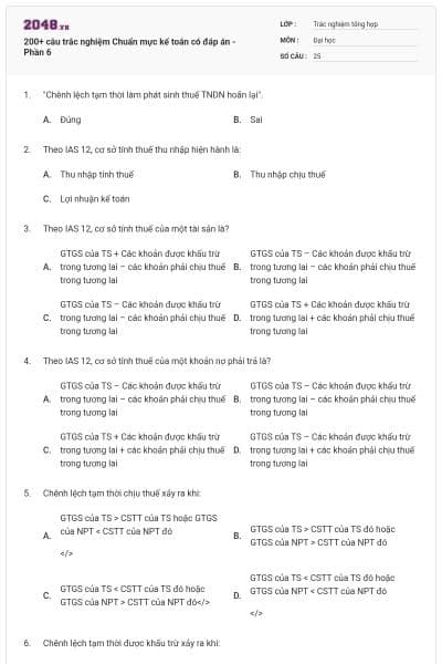 200+ câu trắc nghiệm Chuẩn mực kế toán có đáp án - Phần 6
