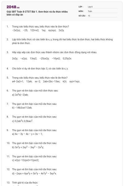 Giải SBT Toán 8 CTST Bài 1. Đơn thức và đa thức nhiều biến có đáp án