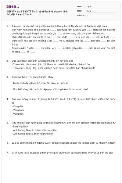 Giải VTH Địa lí 8 KNTT Bài 1: Vị trí địa lí và phạm vi lãnh thổ Việt Nam có đáp án