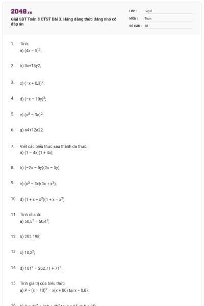 Giải SBT Toán 8 CTST Bài 3. Hằng đẳng thức đáng nhớ có đáp án