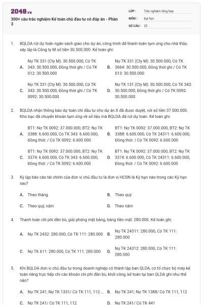 300+ câu trắc nghiệm Kế toán chủ đầu tư có đáp án - Phần 3