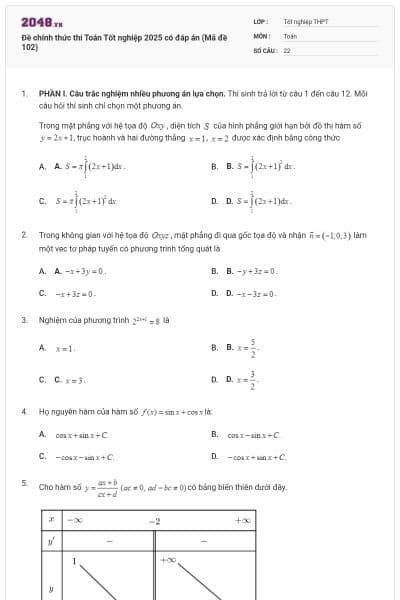 Đề chính thức thi Toán Tốt nghiệp 2025 có đáp án (Mã đề 102)