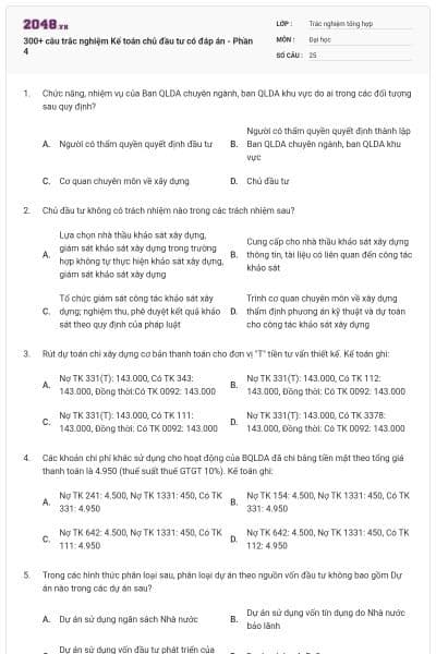 300+ câu trắc nghiệm Kế toán chủ đầu tư có đáp án - Phần 4