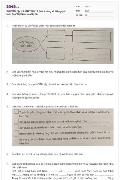 Giải VTH Địa lí 8 KNTT Bài 12: Môi trường và tài nguyên biển đảo Việt Nam có đáp án