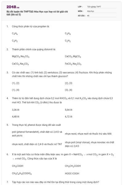 Bộ đề luyện thi THPTQG Hóa Học cực hay có lời giải chi tiết (Đề số 5)