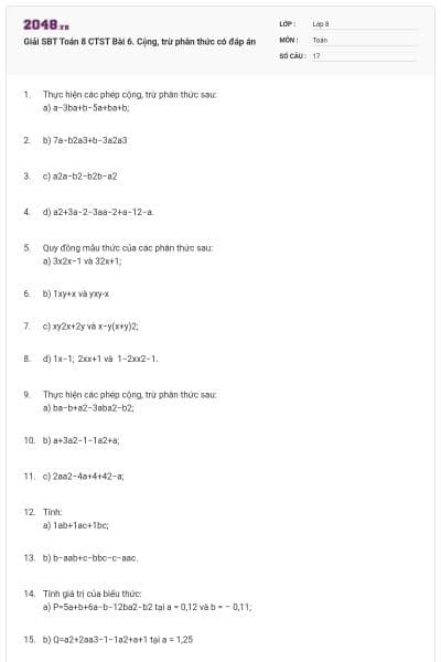 Giải SBT Toán 8 CTST Bài 6. Cộng, trừ phân thức có đáp án