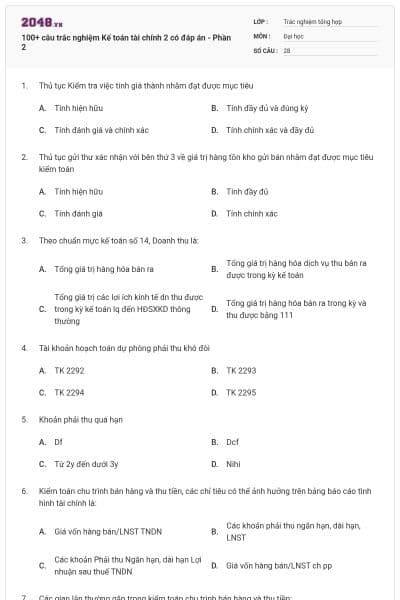 100+ câu trắc nghiệm Kế toán tài chính 2 có đáp án - Phần 2