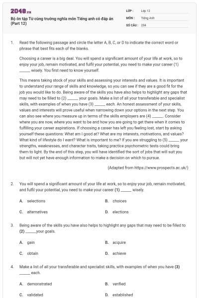 Bộ ôn tập Từ cùng trường nghĩa môn Tiếng anh có đáp án (Part 12)