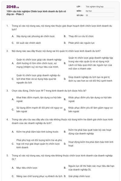 100+ câu trắc nghiệm Chiến lược kinh doanh du lịch có đáp án - Phần 3