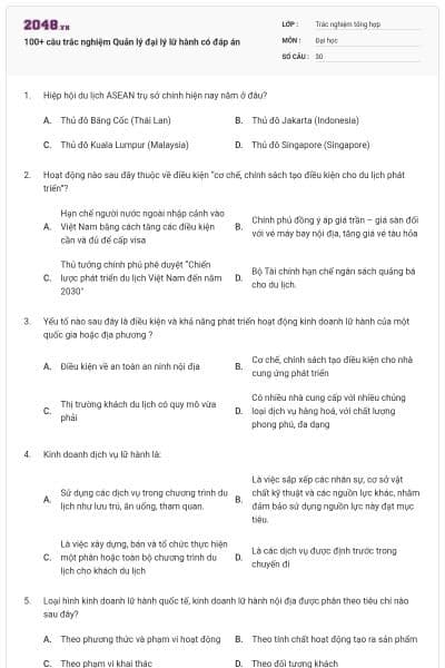 100+ câu trắc nghiệm Quản lý đại lý lữ hành có đáp án