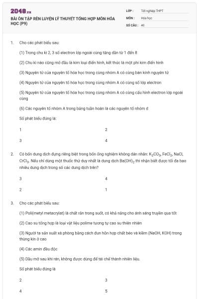 BÀI ÔN TẬP RÈN LUYỆN LÝ THUYẾT TỔNG HỢP MÔN HÓA HỌC (P9)