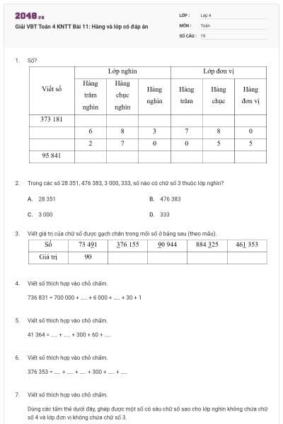Giải VBT Toán 4 KNTT Bài 11: Hàng và lớp có đáp án