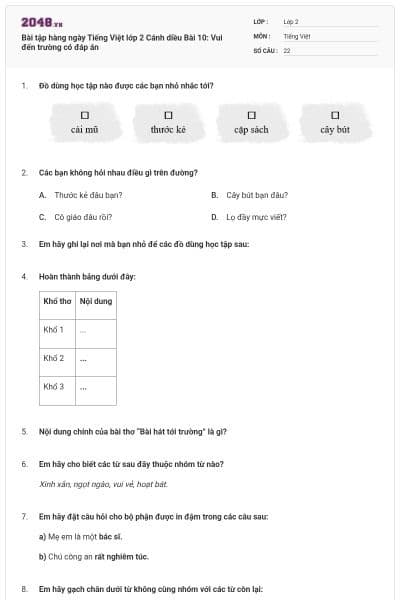 Bài tập hàng ngày Tiếng Việt lớp 2 Cánh diều Bài 10: Vui đến trường có đáp án