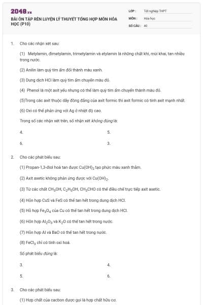 BÀI ÔN TẬP RÈN LUYỆN LÝ THUYẾT TỔNG HỢP MÔN HÓA HỌC (P10)