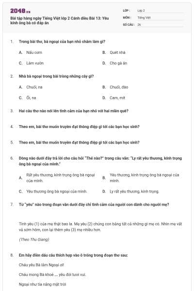 Bài tập hàng ngày Tiếng Việt lớp 2 Cánh diều Bài 13: Yêu kính ông bà có đáp án
