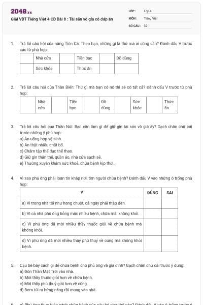 Giải VBT Tiếng Việt 4 CD Bài 8 : Tài sản vô gía có đáp án