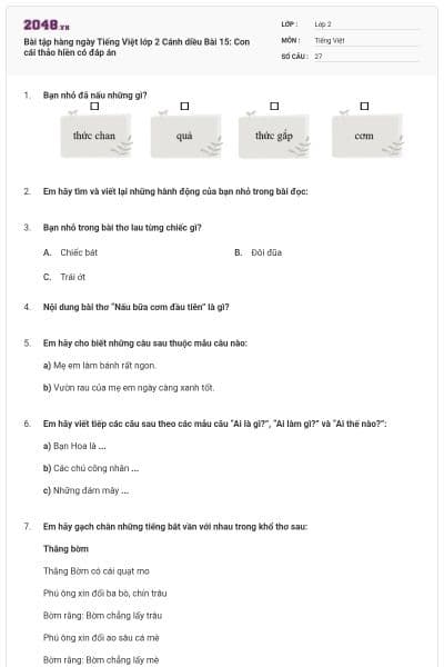 Bài tập hàng ngày Tiếng Việt lớp 2 Cánh diều Bài 15: Con cái thảo hiền có đáp án