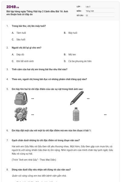 Bài tập hàng ngày Tiếng Việt lớp 2 Cánh diều Bài 16: Anh em thuận hoà có đáp án