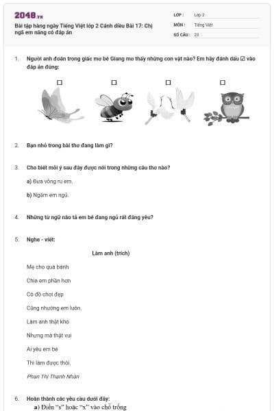Bài tập hàng ngày Tiếng Việt lớp 2 Cánh diều Bài 17: Chị ngã em nâng có đáp án