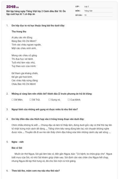 Bài tập hàng ngày Tiếng Việt lớp 2 Cánh diều Bài 18: Ôn tập cuối học kì 1 có đáp án