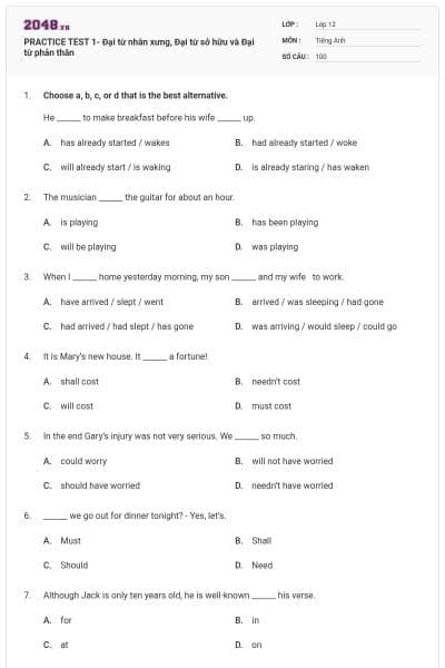 PRACTICE TEST 1- Đại từ nhân xưng, Đại từ sở hữu và Đại từ phản thân