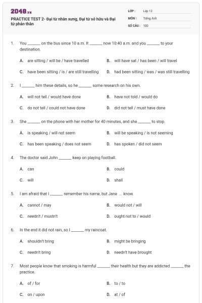 PRACTICE TEST 2- Đại từ nhân xưng, Đại từ sở hữu và Đại từ phản thân
