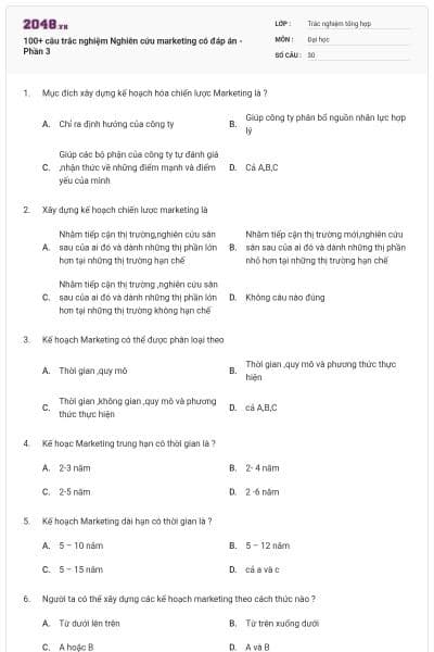 100+ câu trắc nghiệm Nghiên cứu marketing có đáp án - Phần 3