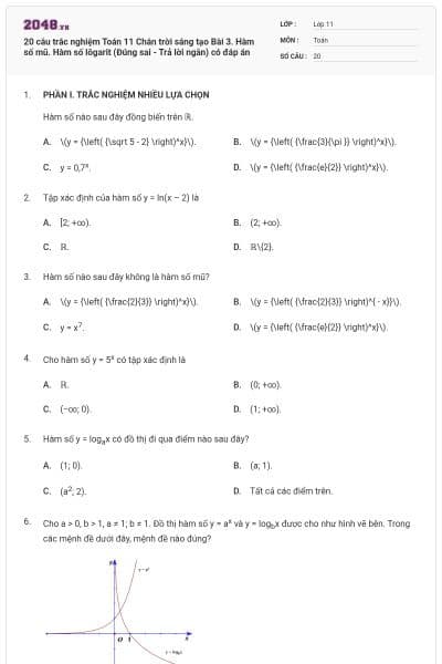 20 câu trắc nghiệm Toán 11 Chân trời sáng tạo Bài 3. Hàm số mũ. Hàm số lôgarit (Đúng sai - Trả lời ngắn) có đáp án