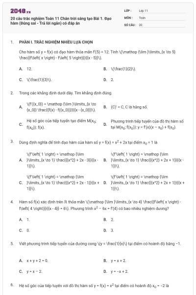 20 câu trắc nghiệm Toán 11 Chân trời sáng tạo Bài 1. Đạo hàm (Đúng sai - Trả lời ngắn) có đáp án