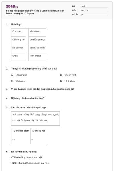 Bài tập hàng ngày Tiếng Việt lớp 2 Cánh diều Bài 20: Gắn bó với con người có đáp án