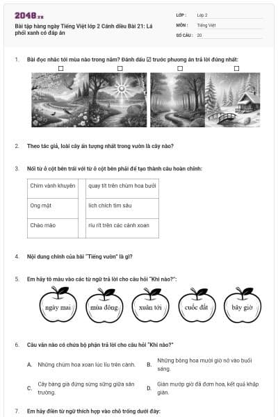 Bài tập hàng ngày Tiếng Việt lớp 2 Cánh diều Bài 21: Lá phổi xanh có đáp án