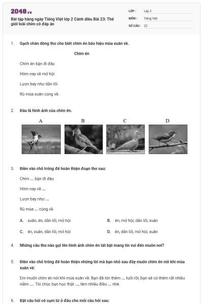 Bài tập hàng ngày Tiếng Việt lớp 2 Cánh diều Bài 23: Thế giới loài chim có đáp án