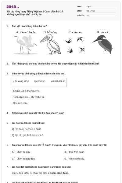 Bài tập hàng ngày Tiếng Việt lớp 2 Cánh diều Bài 24: Những người bạn nhỏ có đáp án