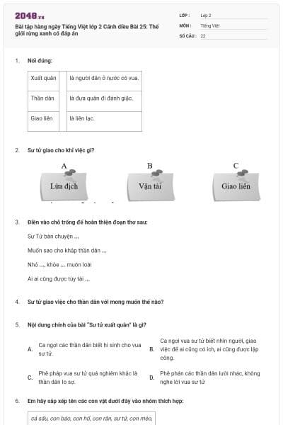 Bài tập hàng ngày Tiếng Việt lớp 2 Cánh diều Bài 25: Thế giới rừng xanh có đáp án