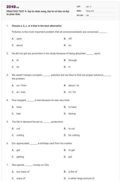 PRACTICE TEST 4- Đại từ nhân xưng, Đại từ sở hữu và Đại từ phản thân