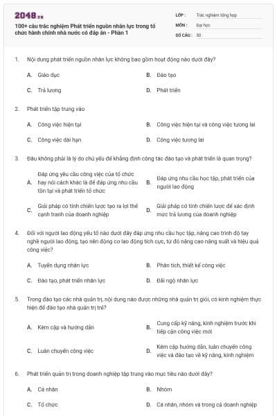 100+ câu trắc nghiệm Phát triển nguồn nhân lực trong tổ chức hành chính nhà nước có đáp án - Phần 1