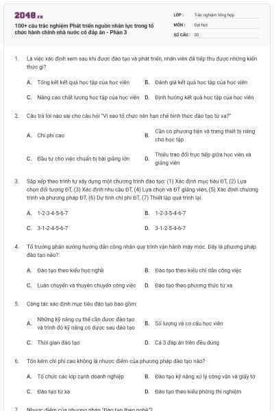 100+ câu trắc nghiệm Phát triển nguồn nhân lực trong tổ chức hành chính nhà nước có đáp án - Phần 3