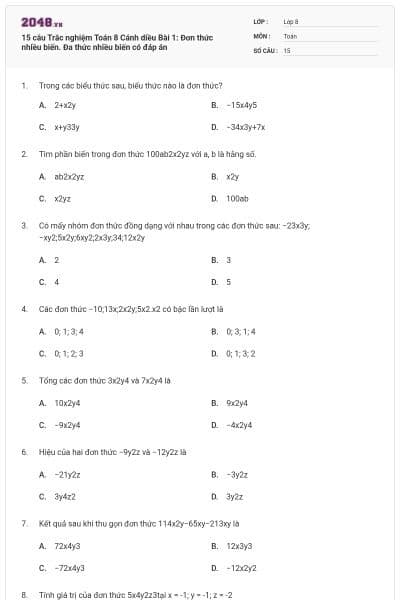 15 câu Trắc nghiệm Toán 8 Cánh diều Bài 1: Đơn thức nhiều biến. Đa thức nhiều biến có đáp án