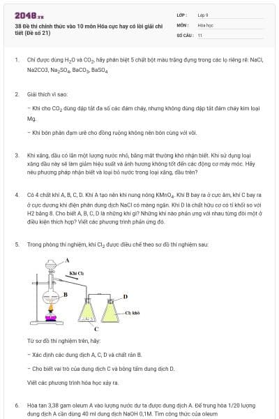 38 Đề thi chính thức vào 10 môn Hóa cực hay có lời giải chi tiết (Đề số 21)