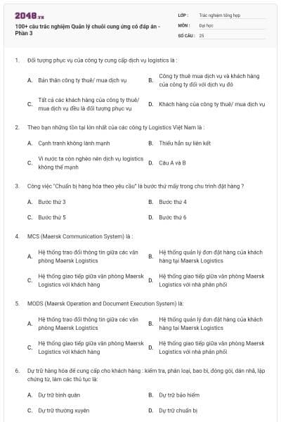 100+ câu trắc nghiệm Quản lý chuỗi cung ứng có đáp án - Phần 3