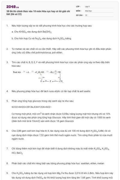 38 Đề thi chính thức vào 10 môn Hóa cực hay có lời giải chi tiết (Đề số 22)