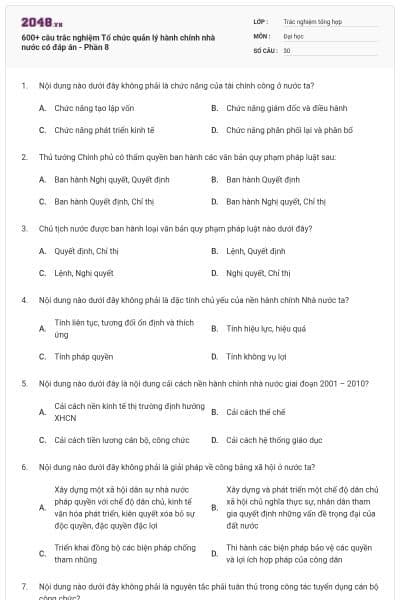 600+ câu trắc nghiệm Tổ chức quản lý hành chính nhà nước có đáp án - Phần 8