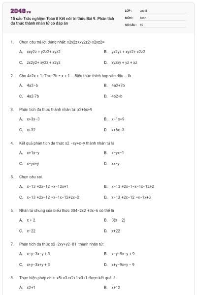 15 câu Trắc nghiệm Toán 8 Kết nối tri thức Bài 9: Phân tích đa thức thành nhân tử có đáp án