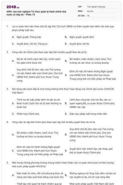 600+ câu trắc nghiệm Tổ chức quản lý hành chính nhà nước có đáp án - Phần 10