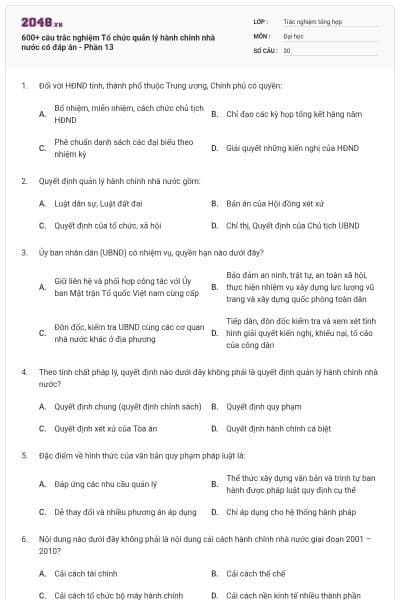 600+ câu trắc nghiệm Tổ chức quản lý hành chính nhà nước có đáp án - Phần 13