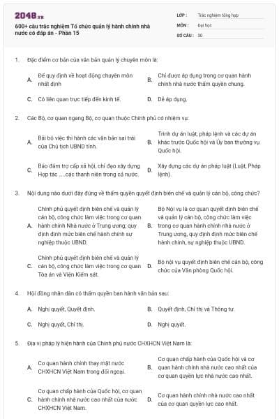 600+ câu trắc nghiệm Tổ chức quản lý hành chính nhà nước có đáp án - Phần 15